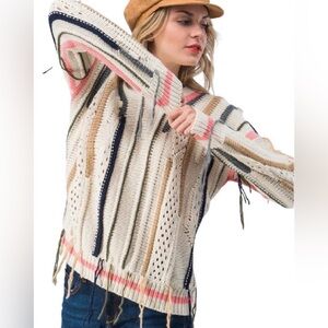 NWT En Creme Striped Multicolor Distressed/Fringe Sweater